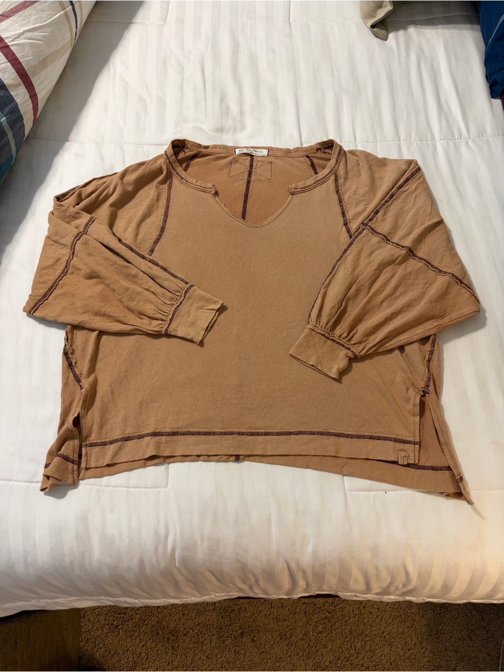 Free People Wish I Knew Tee- Washed Brown V-Neck Long Sleeve Top